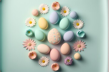 Fototapeta na wymiar Easter eggs and flowers as arrangement. Generative AI
