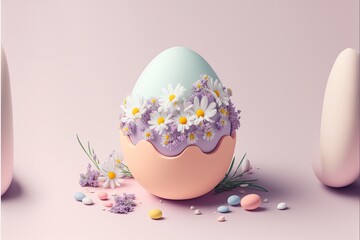 Beautiful pastel colored Easter Egg with flowers. Generative AI