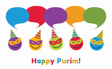 Happy Purim - a Jewish holiday. Colorful emoji icons with communication speech bubbles. Carnival concept design. Vector illustration.