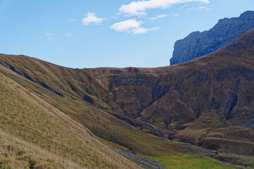 Orange targets at fighter shooting range Axalp, Canton Bern, on a blue cloudy autumn day. Photo taken October 18th, 2022, Axalp, Switzerland.
