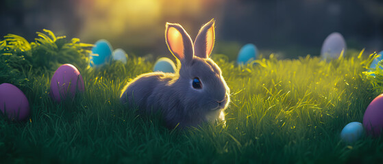 Easter bunny on the grass with eggs in background.. Generative AI