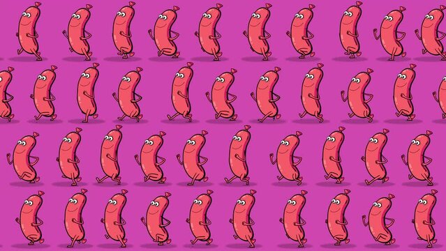 Sausages cartoon characters wallpaper walking on pink background. Cute animation good as backdrop for intro, party, television programme, presentation, etc... Seamless loop.
