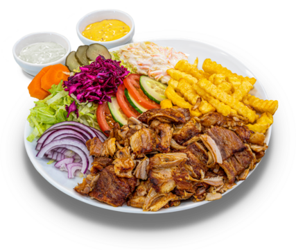 Dönerteller mit Pommes Frites und Salat auf einem weißen Teller, freigestellt