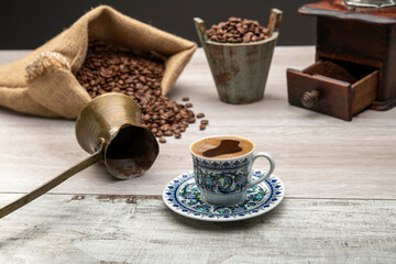 Traditional Turkish coffee on table