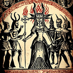 Fototapeta na wymiar satanic ritual of sorcery and demon summon in antique medieval manuscript paper. generative ai