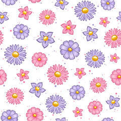 Vector Holiday Flowers Seamless Pattern, square repeating background with set of cut out illustrations violet petunia flower and rose color march daisy, decorative various flowers on white background