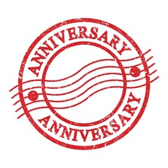 ANNIVERSARY, text written on red postal stamp.