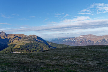 Scenic view from top of Axalp over Bernese Oberland with beautiful mountain panorama of the Swiss Alps on a sunny autumn day. Photo taken October 18th, 2022, Axalp, Switzerland.
