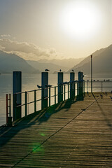 Beautiful scenic landscape at Lake Brienz with pier and seagulls and scenic mountain panorama in the background on a sunny autumn late afternoon. Photo taken October 18th, 2022, Brienz, Switzerland.