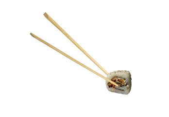 chopstick holding japanese uramaki sushi with fried salmon skin