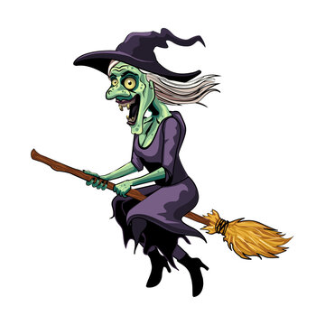 Witch flying on a broomstick. halloween cartoon.