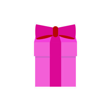 Vector image of a fuchsia color gift box with a bow closeup on a white background. Graphic design.