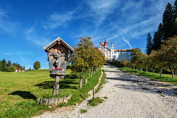 The outside view of the monastery Maria Weissenstein (Italian Pietralba) is a place of pilgrimage in South Tyrol