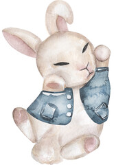 Fototapeta na wymiar Cute bunny with blue jacket sleeping, watercolor painting for baby child postcard. Cartoon rabbit with funny tale, sweet dreams, easter card