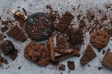 Snack and food made from processed chocolate isolated on gray background.