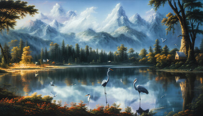 Artistic illustration of a heron bird on a landscape with a lake.