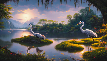 Artistic illustration of a heron bird on a landscape with a lake.