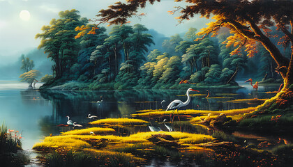 Artistic illustration of a heron bird on a landscape with a lake.