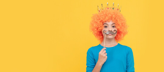 serious child wear diadem. teen girl in party moustache. being a clown. april fools day. Funny...