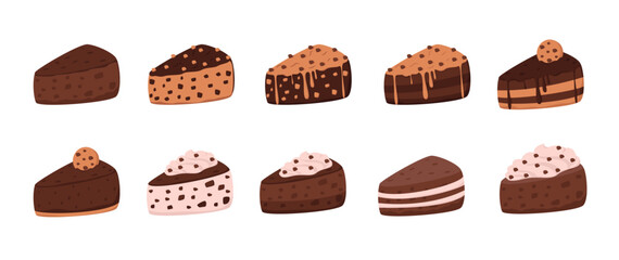set of chocolate mix cake illustrations with choco chip topping and whip cream