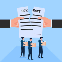 Fototapeta premium Hand tearing contract while employees out of office with their stuff metaphor of termination of employee