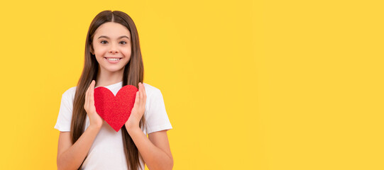 portrait of child with heart. happy valentines day. be my valentine. teen girl. Kid girl portrait with heart love symbol, horizontal poster. Banner header with copy space.