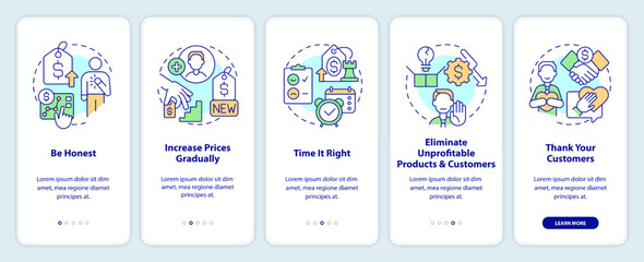 Tactics for raising prices onboarding mobile app screen. Walkthrough 5 steps editable graphic instructions with linear concepts. UI, UX, GUI template. Myriad Pro-Bold, Regular fonts used