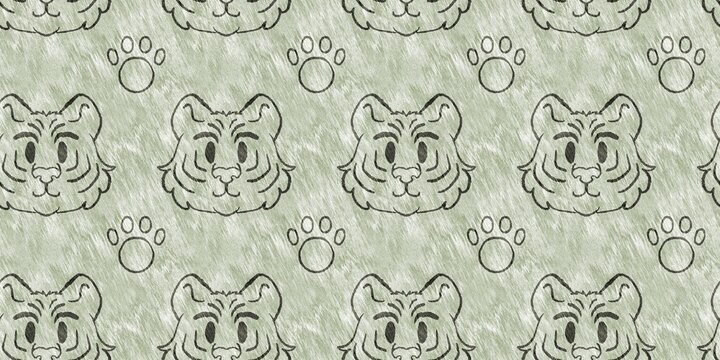 Cute safari wild tiger animal border for babies room decor. Seamless big cat furry green textured gender neutral print design