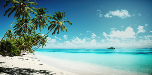 Beach Panorama with blue water and palm trees with negative space for texting  for sea hotels and resorts  generative ai 
