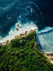 Aerial view of cape with forest and ocean with waves in tropical island