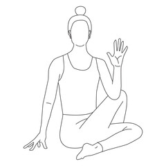 Line art of woman doing yoga in seated spinal twist pose vector