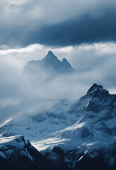 Panoramic view of winter mountains covered with clouds. AI