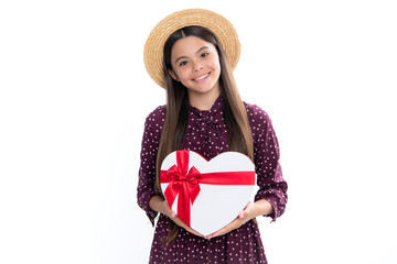 Summer kids sale. Portrait of happy smiling teenage child girl. Teenager kid with present box isolated on white background. Teen girl giving birthday gift. Present, greeting and gifting concept.