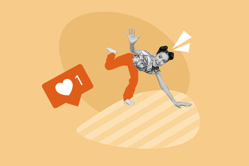 Creative collage image of excited black white effect girl breakdance arm wave receive like notification isolated on painted background