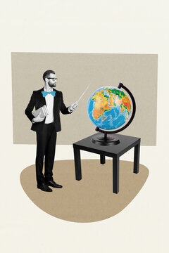 Vertical collage image of black white colors teacher man wear suit hold book point planet earth globe isolated on painted background