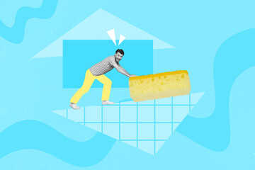 Creative collage illustration of positive black white gamma guy push huge sponge isolated on painted blue background