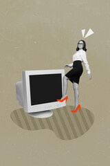 Vertical collage image of successful black white gamma girl walking big vintage pc monitor isolated...