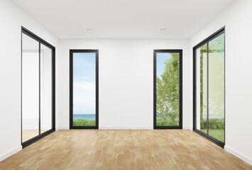 Empty white wall room with doors and windows. 3d rendering of residential building interior.
