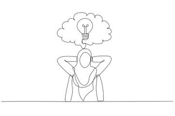 Cartoon of muslim businesswoman sitting in office chair in front of a wall with cloud thought. Single line art style