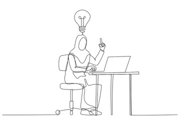 Illustration of happy muslim businesswoman working at his desk and creating a lot of idea bulbs. One line style art