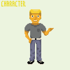 illustration vector graphic of pixel art character, boy with yellow hair,black t-shirt good for your project and game