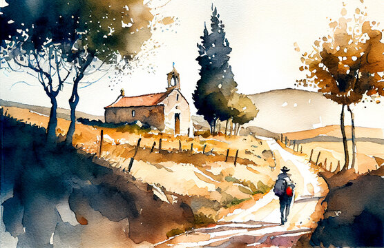 Way of St James , Camino de Santiago, Spain, watercolor landscape