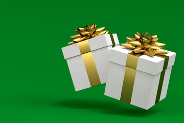 Gift boxes with ribbon and bow for Merry Christmas flying and falling on green
