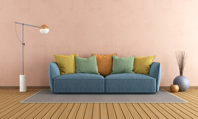 Minimalisti living room with colorful sofa