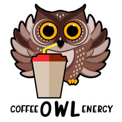 Cute energetic owl with spread wings drinks coffee from a glass. Energy concept. Humorous cartoon vector illustration.