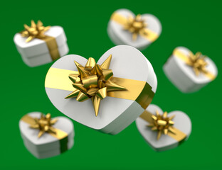 Gift boxes with ribbon and bow for Merry Christmas flying and falling on green