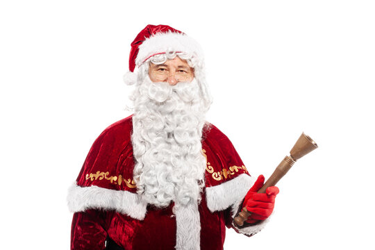 santa claus with ring bell studio portrait on white background