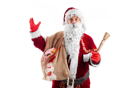 santa claus with ring bell studio portrait on white background