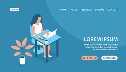 Modern woman works at a laptop in the office. Sits by the table. Vector illustration with blue background. Isometric style.