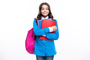 School teenager child girl with school backpack hold book and copybook. Teenager student, isolated background. Learning and knowledge. Go study.